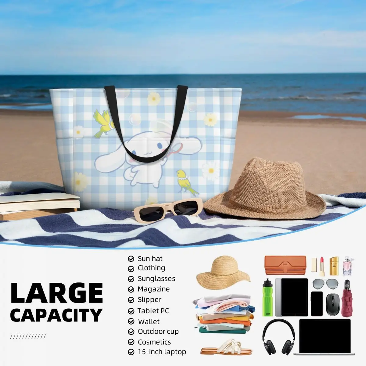 Waterproof Sanrio Cinnamoroll Beach Tote Pool Bags for Women Ladies Extra Large Gym Tote Carry On Bag for Vocation Travel 6