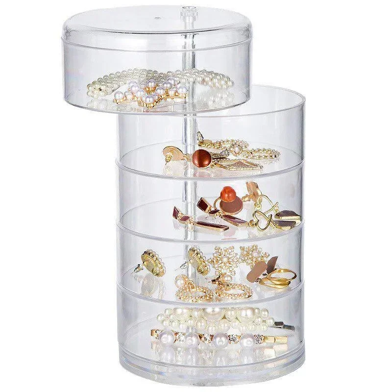Rotating Jewelry Storage Box for Makeup Storage Rack Bracelet Earring Round Plastic Organizer Box Holder Display Rack with Cover
