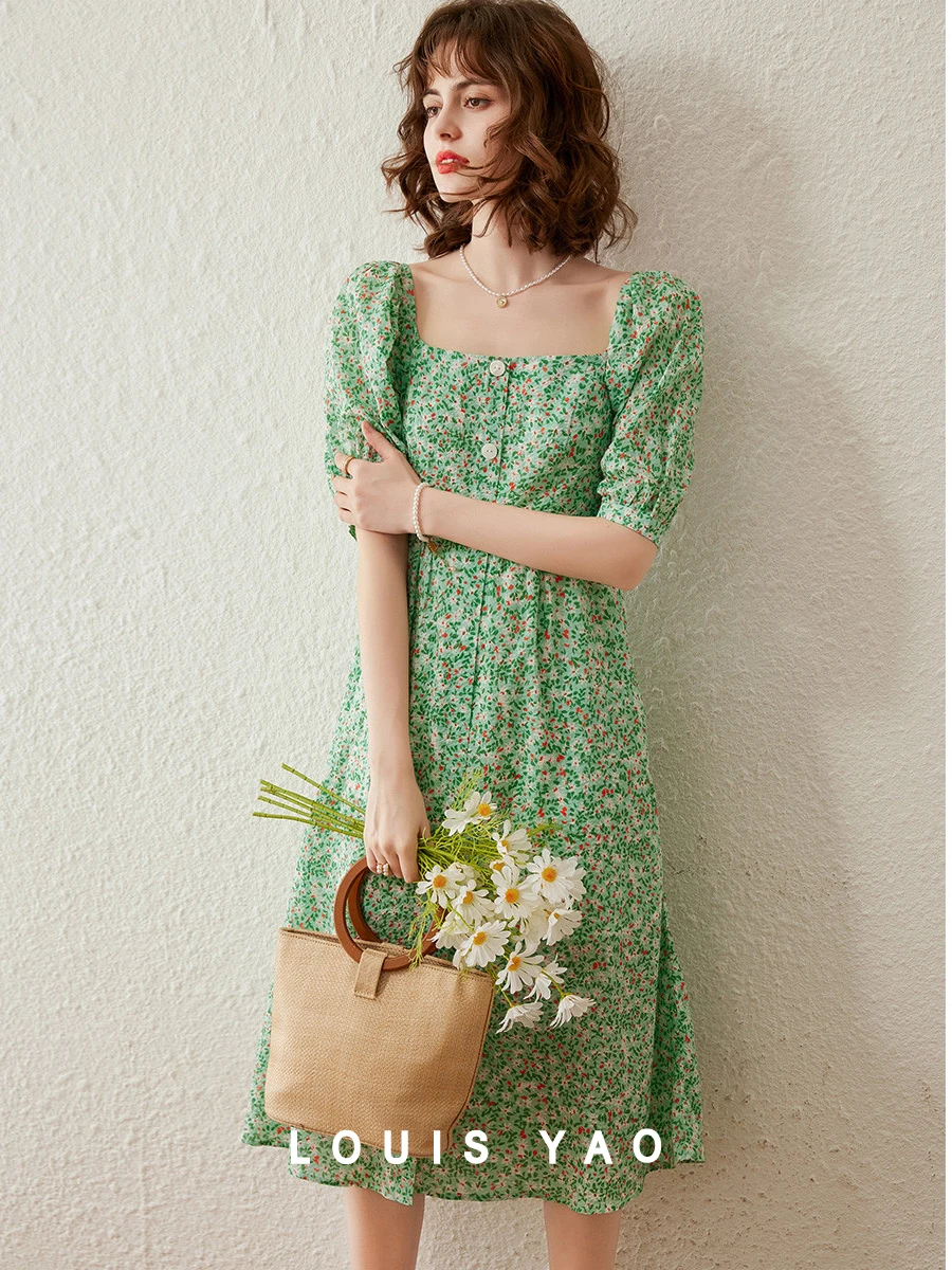 louis-yao-women-dress-2024-summer-french-style-retro-short-puff-sleeve-square-neck-vent-dress-mid-length-green-dress