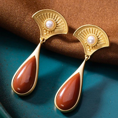 China National Style South Red Agate Jade S925 Sterling Silver Inlaid Earrings Gift Lucky Accessories Exquisite Healing Jewelry