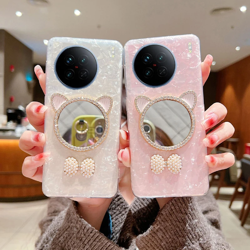 Cute Little Bear Mirror Phone Case Per Vivo X70 Pro X80 Pro X90 Pro Case Make Up Mirror Hard Cartoon Cover Posteriore Antiurto Capa