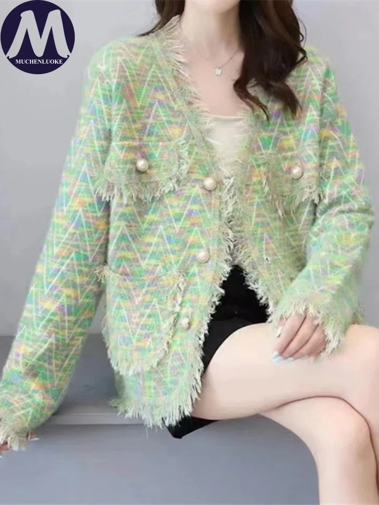 

Fashion Women Sweaters Autumn Winter New Color Block Tassels Knit Short Sweaters Coats Casual Loose Women's Clothing Cardigan