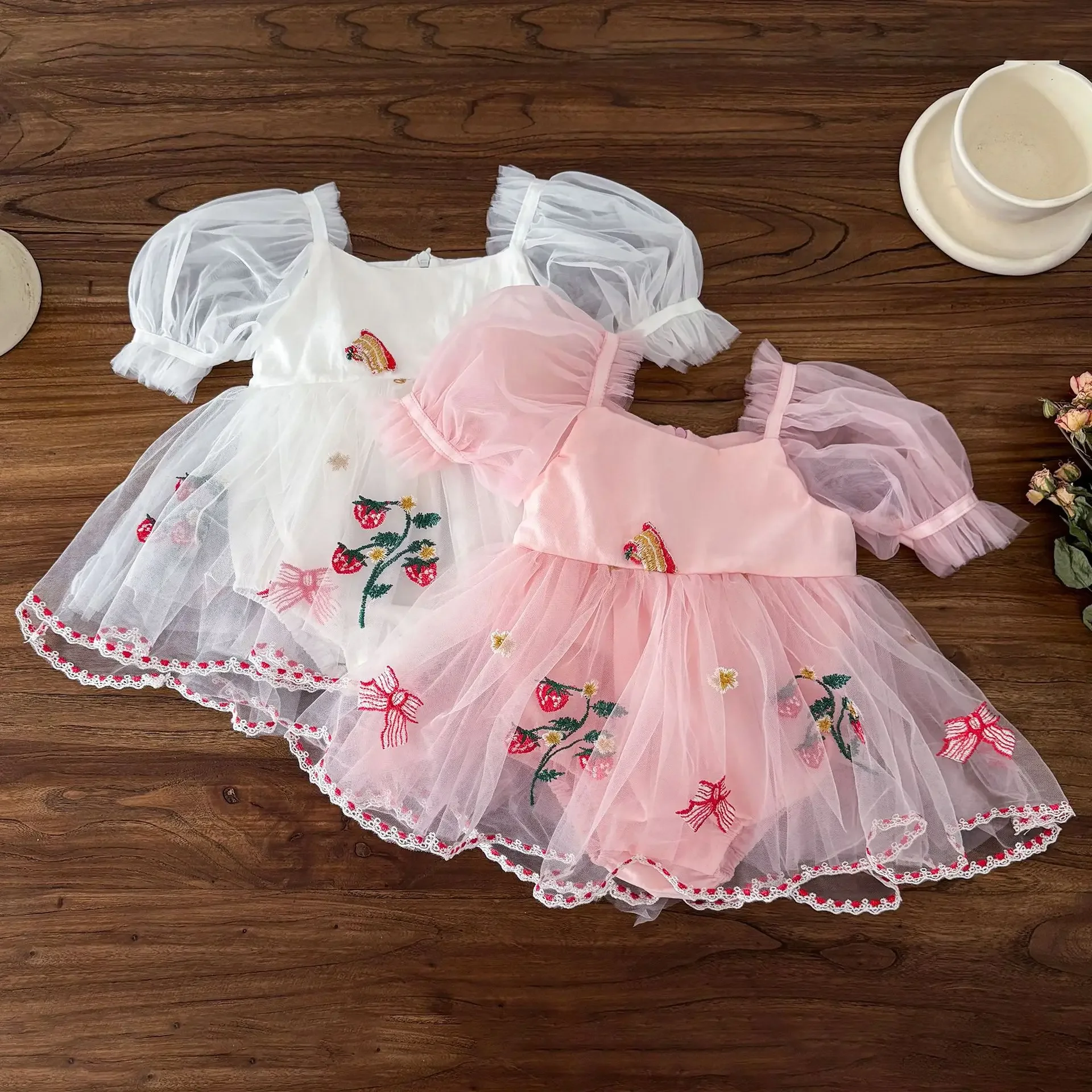 Spring Summer Embroidered Princess Onesie with Butterfly Knots And Bubble Sleeves Baby Girl Cotton Romper with Trousers