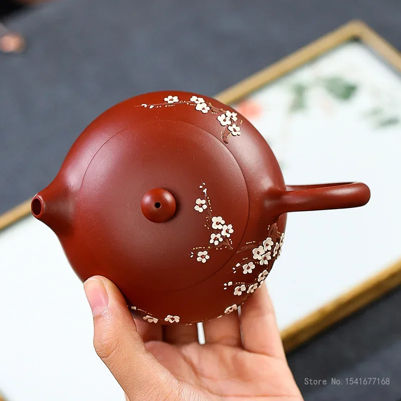 Chinese Style Plum Blossom Pattern Teapot, Purple Clay Raw ore Dahongpao, Kung Fu Household, Handmade, 250ml Xishi Pot, New, 1Pc