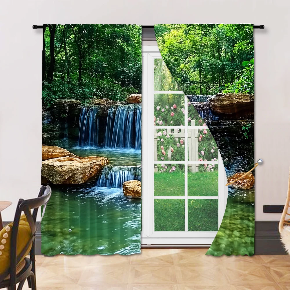 2 pcs, versatile polyester transparent curtains for home decoration Rainforest Waterfall Natural for use in bedrooms and living 6