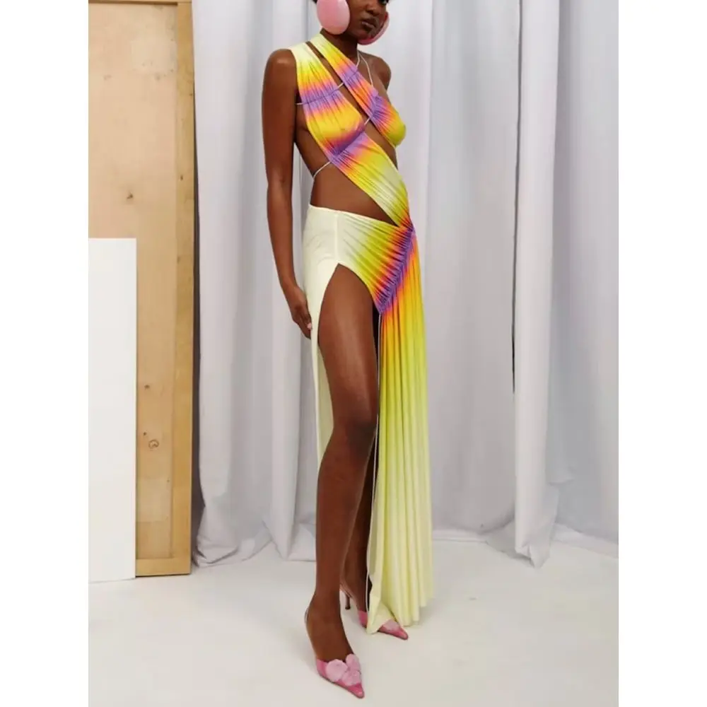 Sexy Gradient Color Beach Dress Ladies One-shoulder Cut-out Maxi Dress Women Fashion Off Shoulder Sleeveless Beachwear Robes
