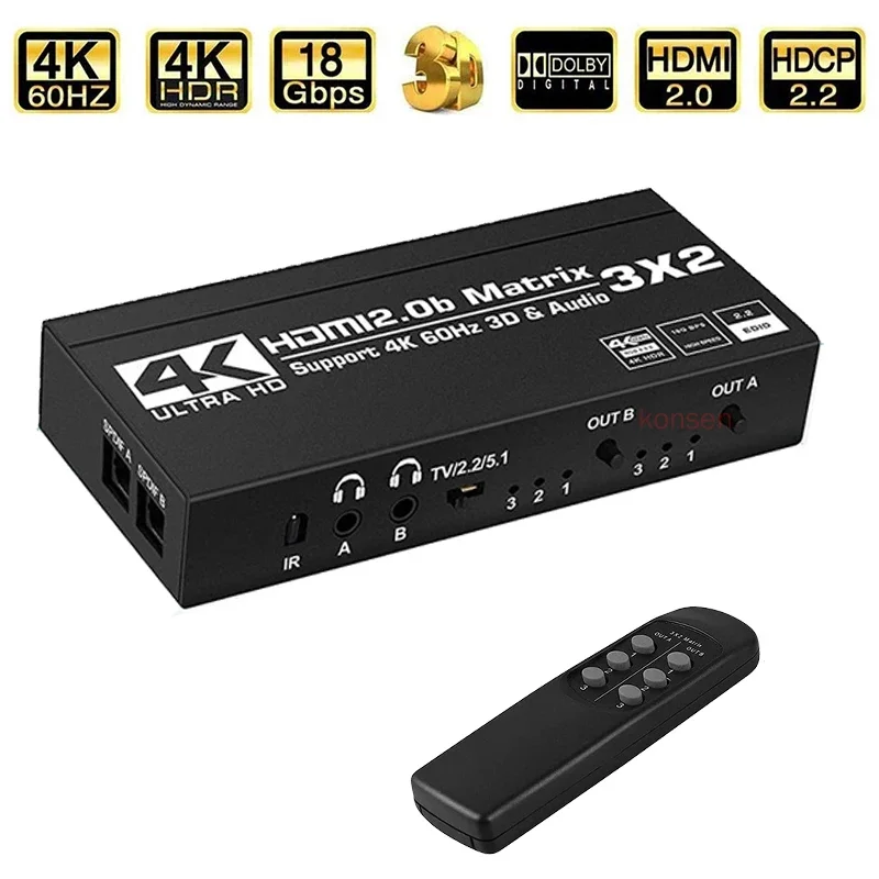3 X2 Hdmi Matrix Switch 3 In 2 Out 4K 60Hz Matrix Hdmi Switch Splitter Con Spdif L/R 3.5Mm Audio Out Hdr Per Ps4/5 Xbox Tv Dvd