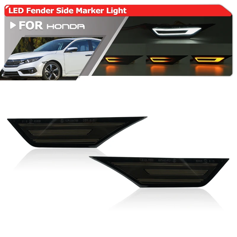 

Smoked For Honda Civic 10th 2016-2021 Sedan Coupe Hatch Switchback Fender Amber Side Marker Turn Signals White Led Parking Lamps