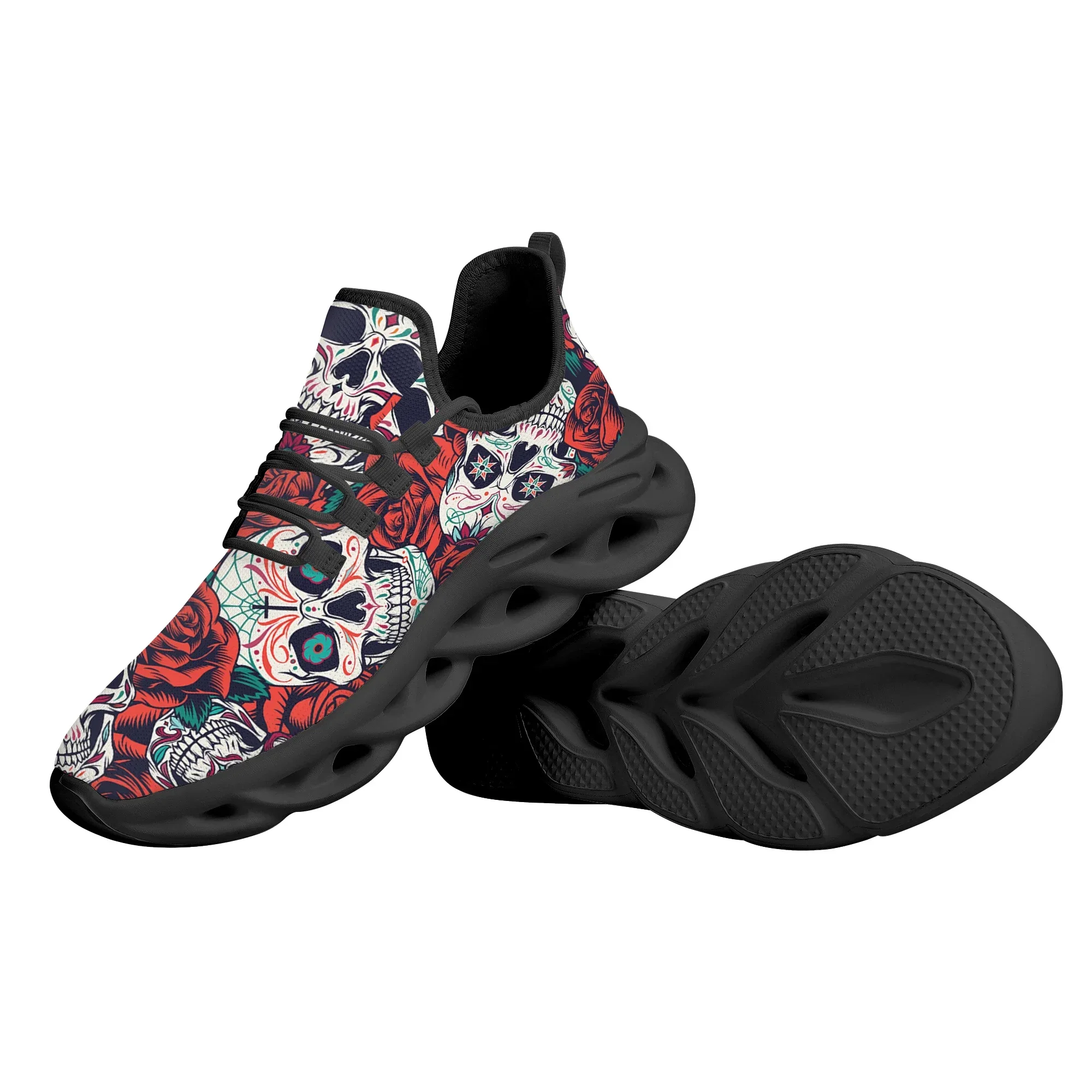 Rose Sugar Skull Design Women Swing Shoes Non-slip Lightweight Lace-up Casual Shoes Soft Sole Breathable Sneakers Zapatos Mujer