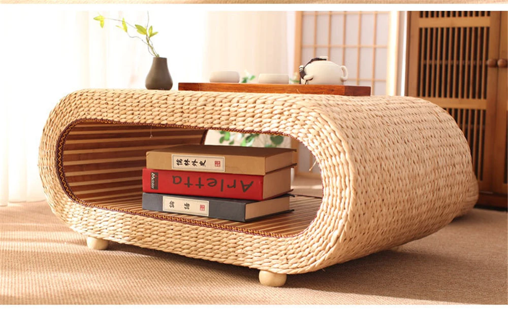 Japanese Style Living Room Coffee Table Handmade Suitable For Sitting On The Ground Rectangular Rattan Straw Coffee Table