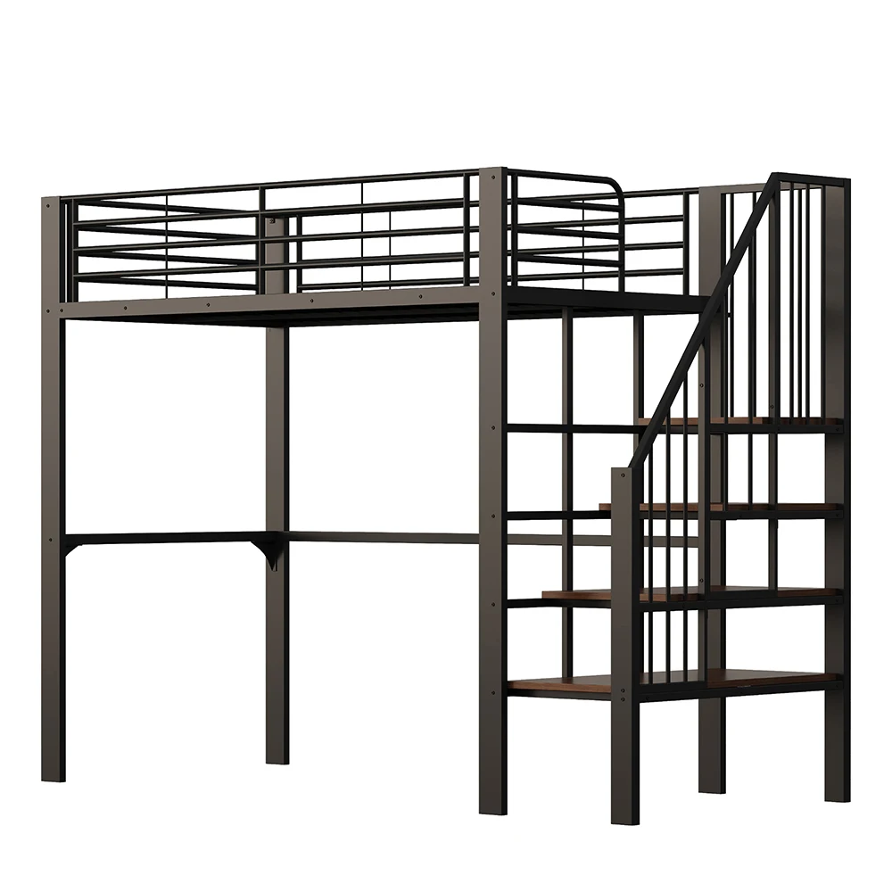 KOMHTOM Hochbett 90 x 200 cm mit stabiler Metallkonstruktion, geräumigem Stauraum unter dem Bett und Treppe – Detail 4