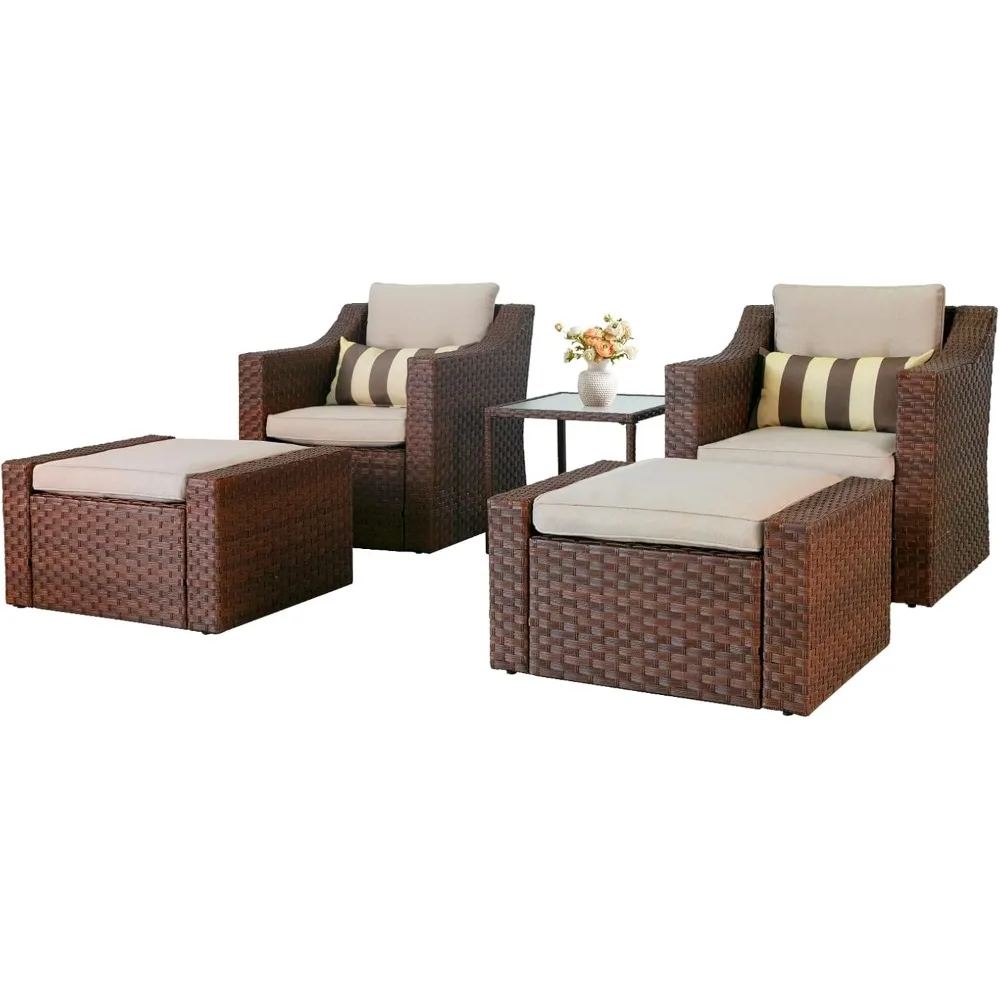 5 Piece Patio Conversation Set Outdoor Furniture Set, Brown Wicker Lounge Chair with Ottoman Footrest, W/Coffee Table 2