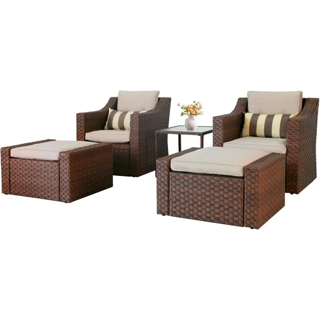 5 Piece Patio Conversation Set Outdoor Furniture Set, Brown Wicker Lounge Chair with Ottoman Footrest, W/Coffee Table 2