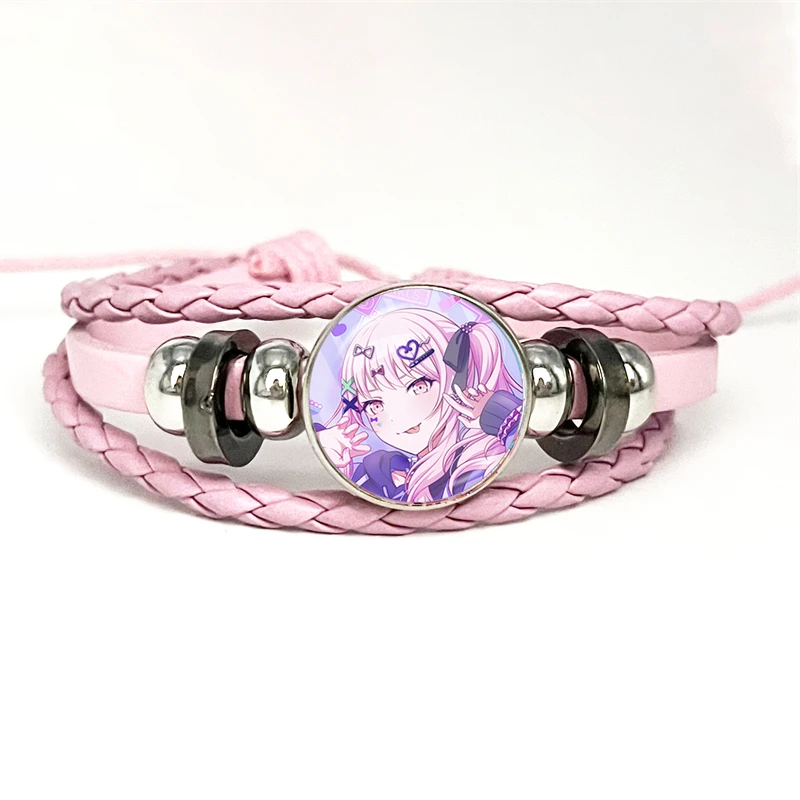 Project SEKAI Anime Akiyama Mizuki Nightcord Pink Leather Bracelet Glass Cabochon Button Multilayer Bangles Wristband Gift