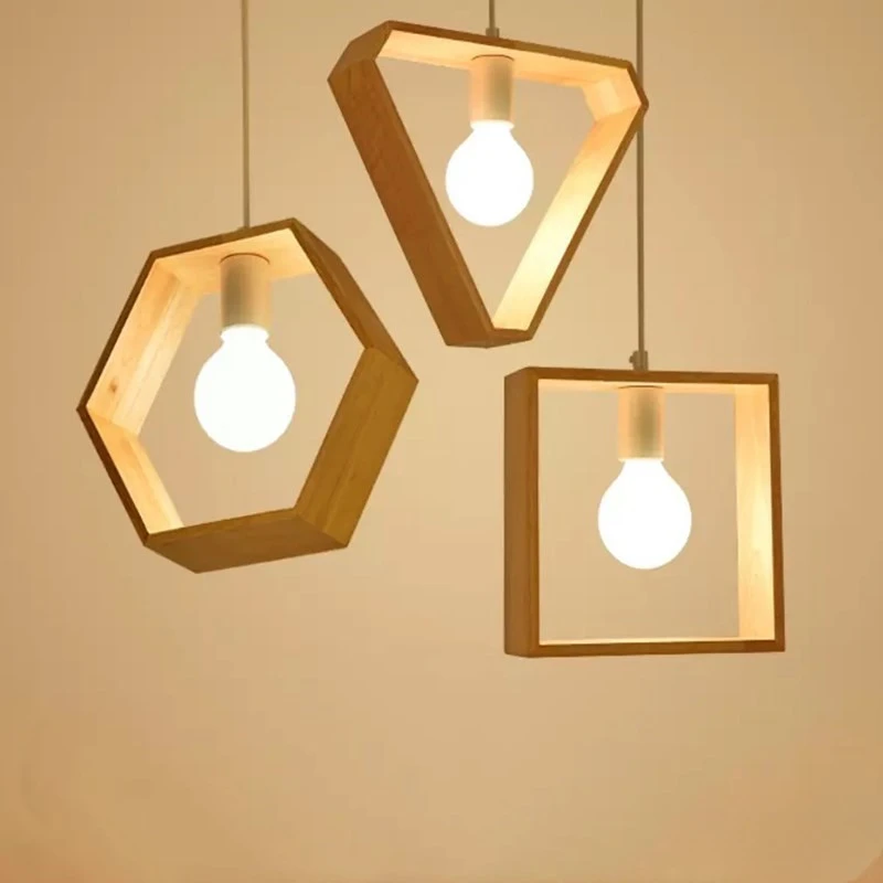 

Nordic Geometric Log Pendant Light Creative Restaurant Bar Coffee Shop Balcony Bedroom Bedside Warm Wooden Pendant Light