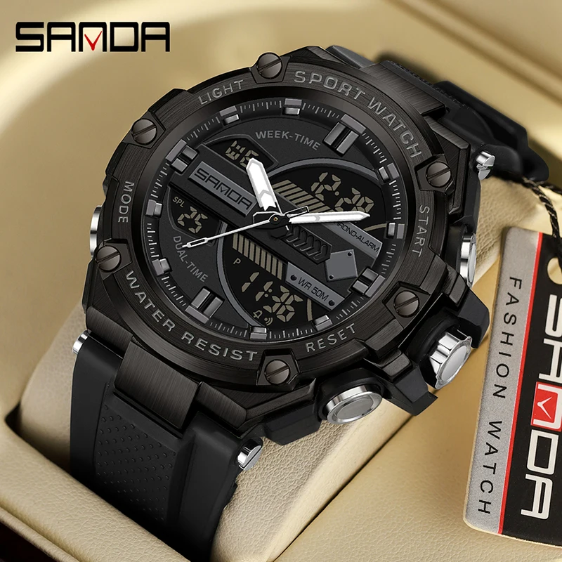 

SANDA Brand Men Sports Watches Dual Display Analog Digital LED Electronic Quartz Wristwatches Waterproof Swimming Military Watch