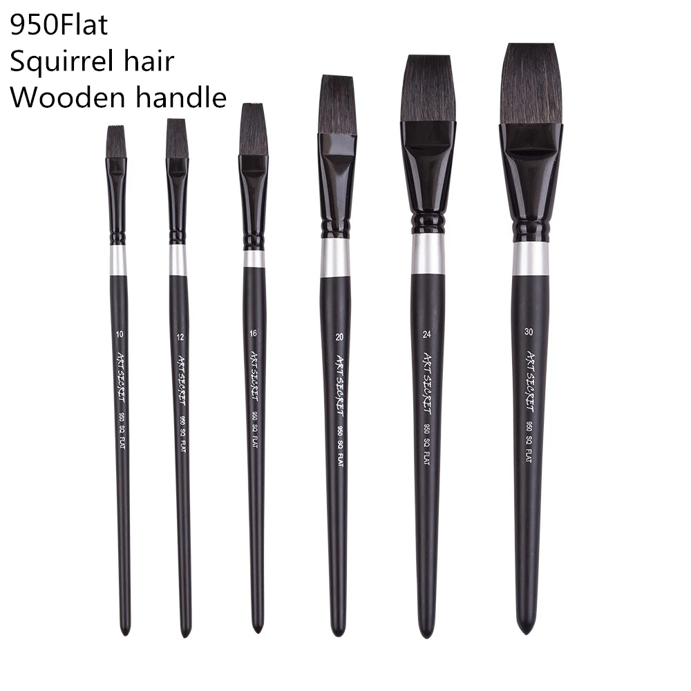 ArtSecret 6 PCS 다람쥐 머리카락 수채화 페인트 브러시 950SQ 플랫 안티 드롭 나무 손잡이 페인트 브러쉬 예술적 미술 도구