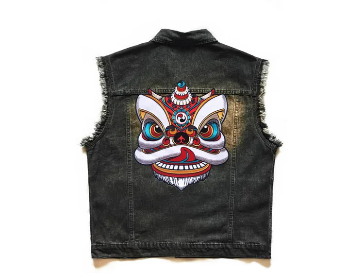 

Chinese Lion Embroidery Patch Denim Vest Men's Motorcycle Biker Sleeveless Jean Jacket Metal Badge Fashion Black Blue Wiastcoat