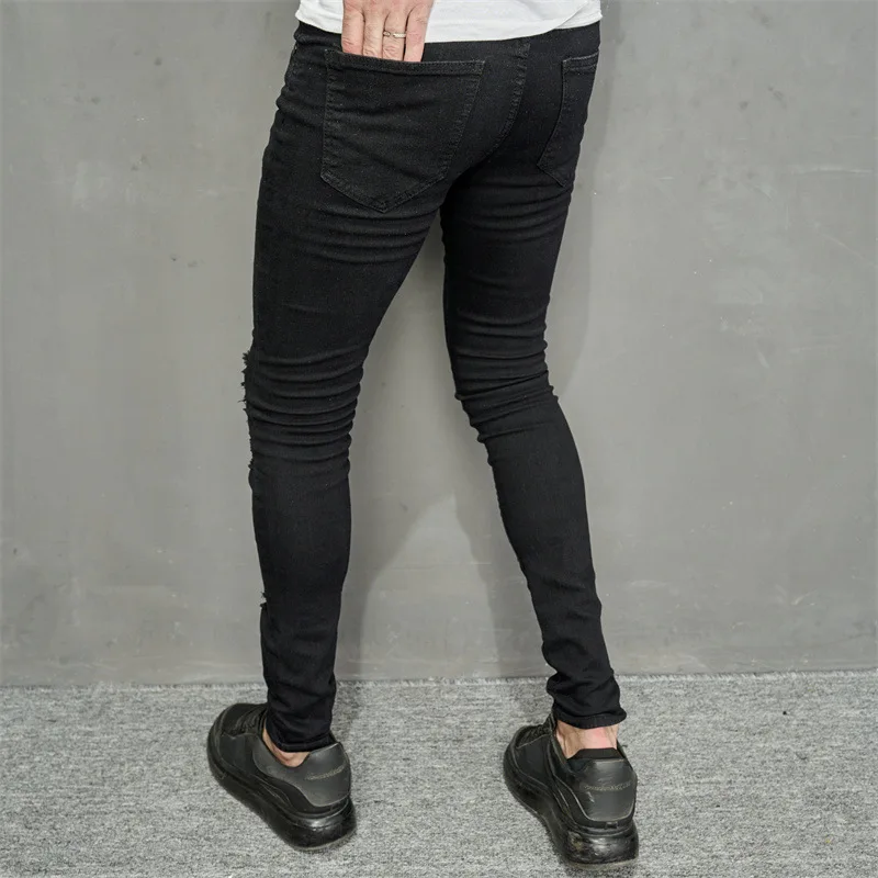 Men Jeans Ankle Length Hole Vintage Ripped Pencil Pants Denim Skinny Pockets Distressed Slim Moto Biker Solid Washed ripped jeans ripped patchwork jeans
