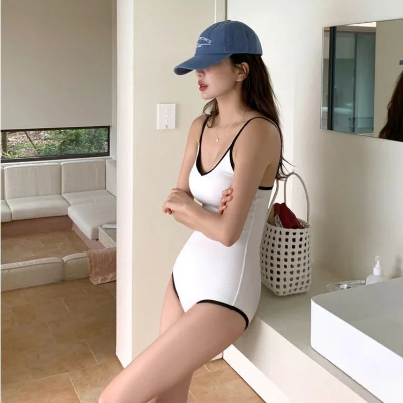 여성용 브이넥 원피스 수영복, 탈착식 브래지어 홀터 수영복, 섹시한 해변 휴가 컬러 블로킹 수영복, 여름