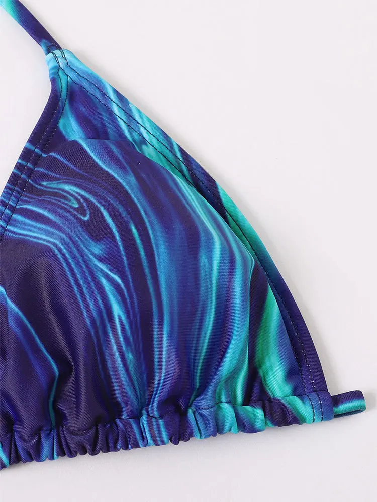 Sexy Bikini Set Women Thong Blue Tie Dye Gradient 3-Piece Swimwear Long Sleeve Pleated Dress Swimsuit Beach Bathing Suit Cover