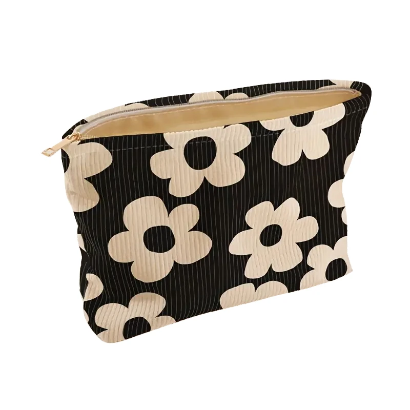 Yellow floral printed corduroy makeup bag, lightweight zipper makeup storage box, multifunctional bag with lining