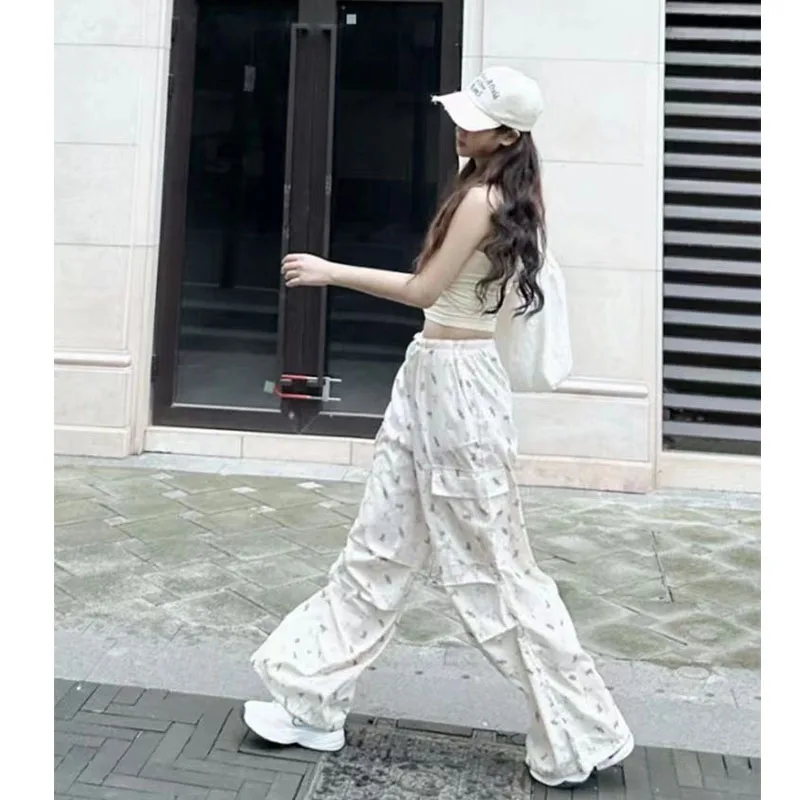 Summer Women Cartoon Little Bear Printing Waistband Casual Pants Wide Legs Korean Loose Casual All-match Affordable Trousers