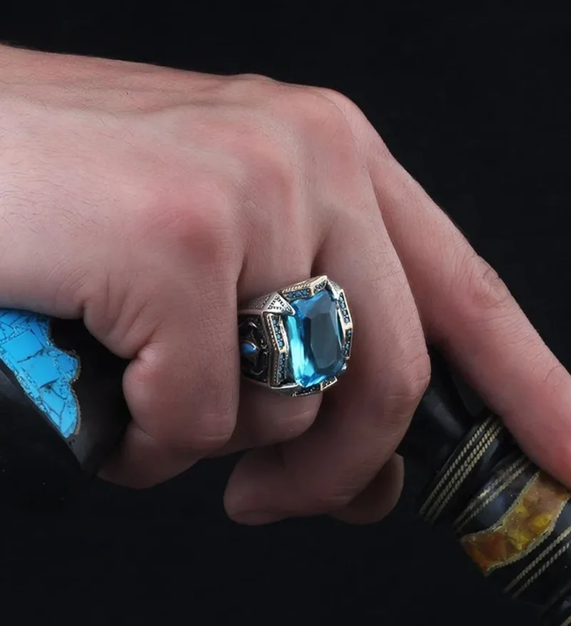 Signet Ring Retro Handmade Turkish Signet Ring For Men Women Ancient Silver Color Carved Ring Inlaid Sky Blue Zircon Punk Motor Biker