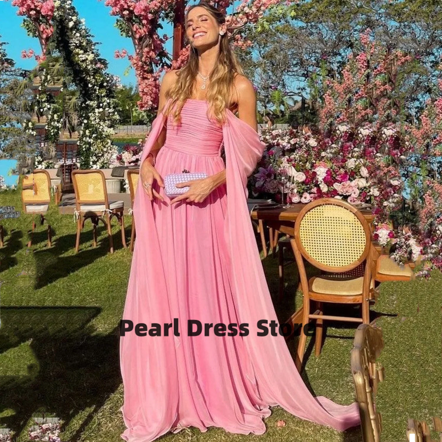 

Chiffon Female Dress Party Evening Elegant Luxury Celebrity Pink Formal Dresses for Prom Strapless Dresses