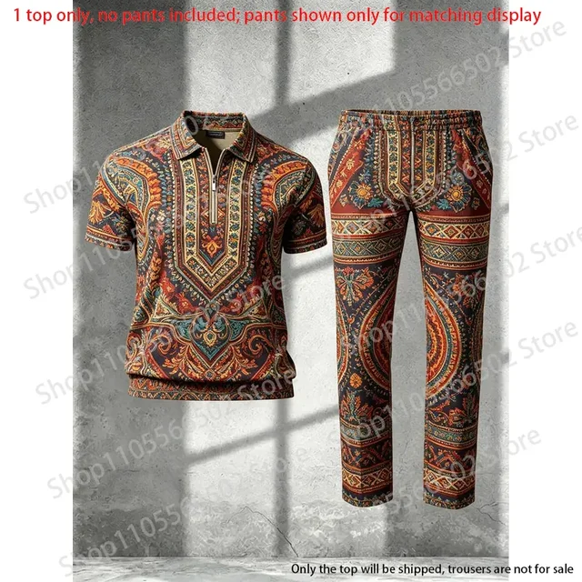 Polo à demi-zip pour hommes (sans pantalon), imprimé ethnique paisley vintage 3D, hauts décontractés d'été légers et luxueux pour hommes 1