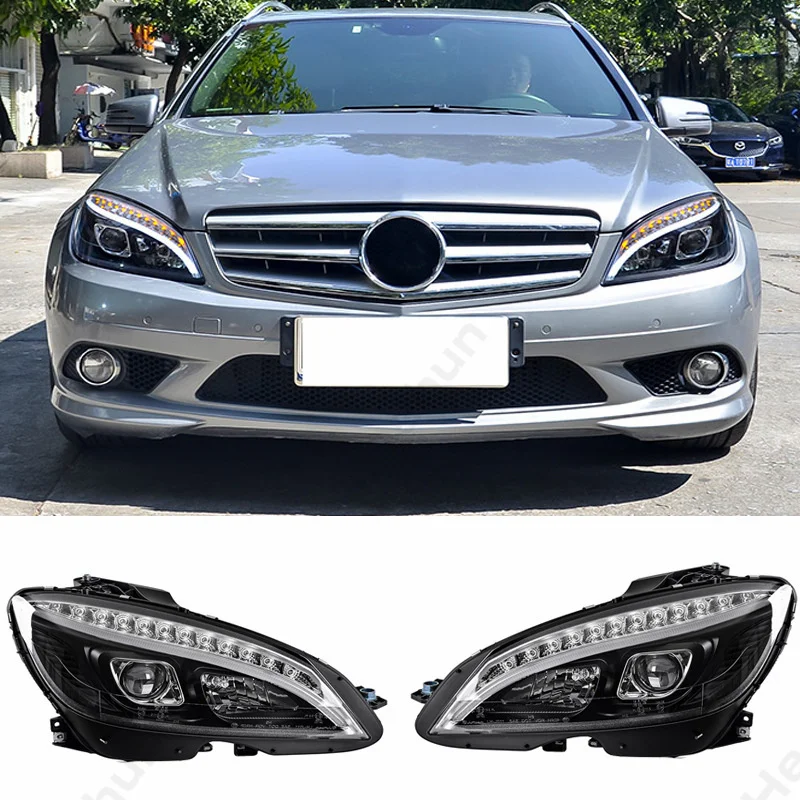 Пара фар в сборе для 2008-2009 2010 2011 Mercedes-Benz C200L W204 C300L C350L, фары проектора с черным дымом + Искусственный сигнал