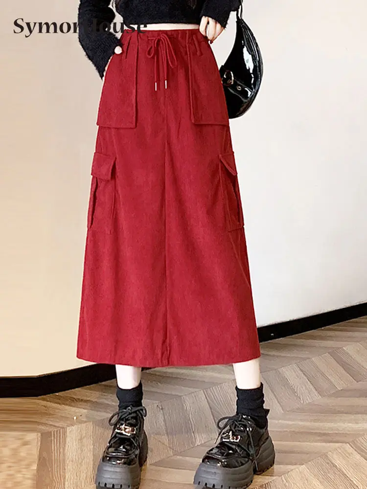 

2023 Autumn Winter Retro Red Corduroy Skirts Women Fashion Korean StreetwearSimple Elegant Drawstring Long A-Line Skirt Female