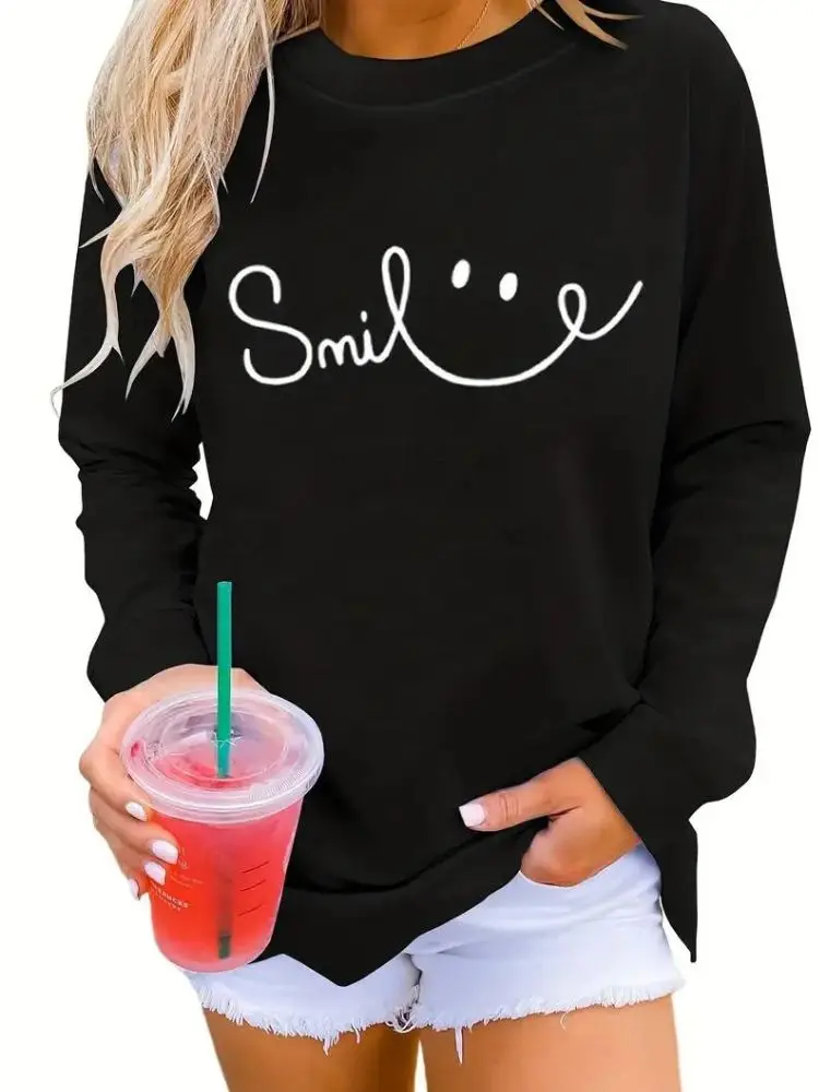 Smile Print Sweatshirt Casual Girls Hoodies Autumn Leisure Loose Pullover Oversized Creativity Sweater Tops Fall & Winter