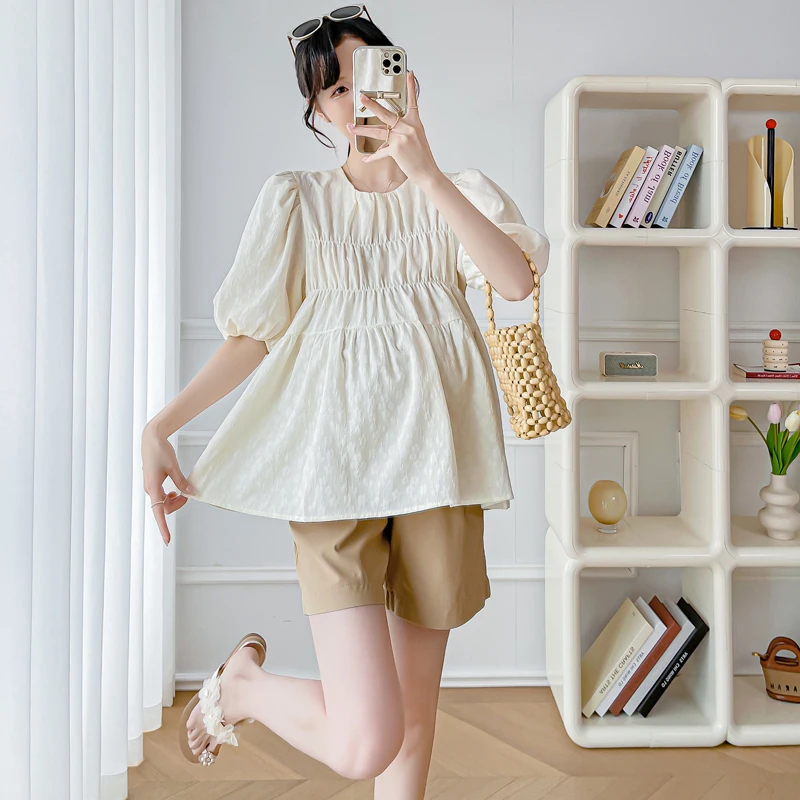 Pregnant Women Summer Loose Short Sets Fashion Jacquard Pleated Doll Shirts Belly Shorts Twinset Plus Size Maternity Clothes Set