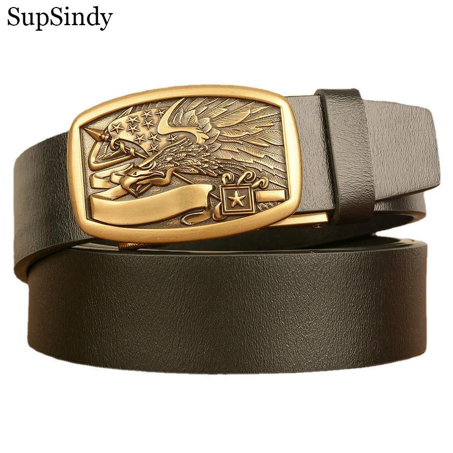 

SupSindy Men Genuine Leather Belt Luxury USA Eagle Metal Automatic Buckle Cowhide Belts for Men Jeans Waistband Male Strap Black
