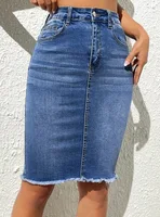 Skirts Women Denim Skirt Mid Length Slim Fit Solid High Waist Casual Regular Elegant Splice Hip Wrap Button Pocket Summer - Image 4