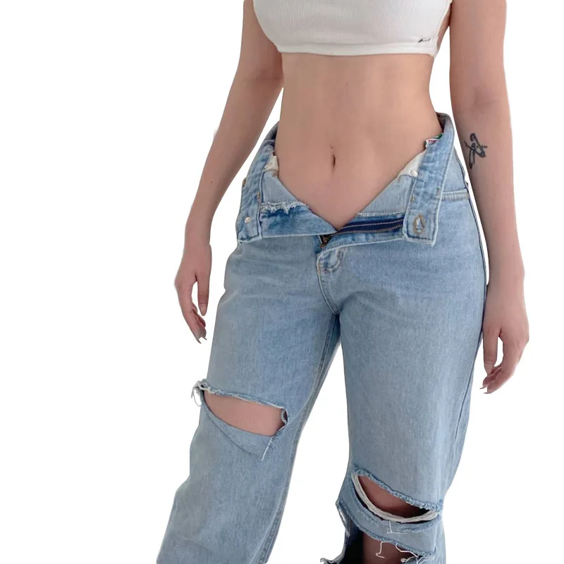  Spring Women High Wasit Casual Blue Jeans Women's Hole Loose Straight Summer High Street Fashion New Female Jeans Soft Pant