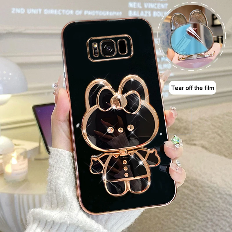 

For Samsung Galaxy S8 Plus Phone Case Soft Silicone Plating Cartoon Rabbit Fold Stand Makeup Mirror Bracket Cover