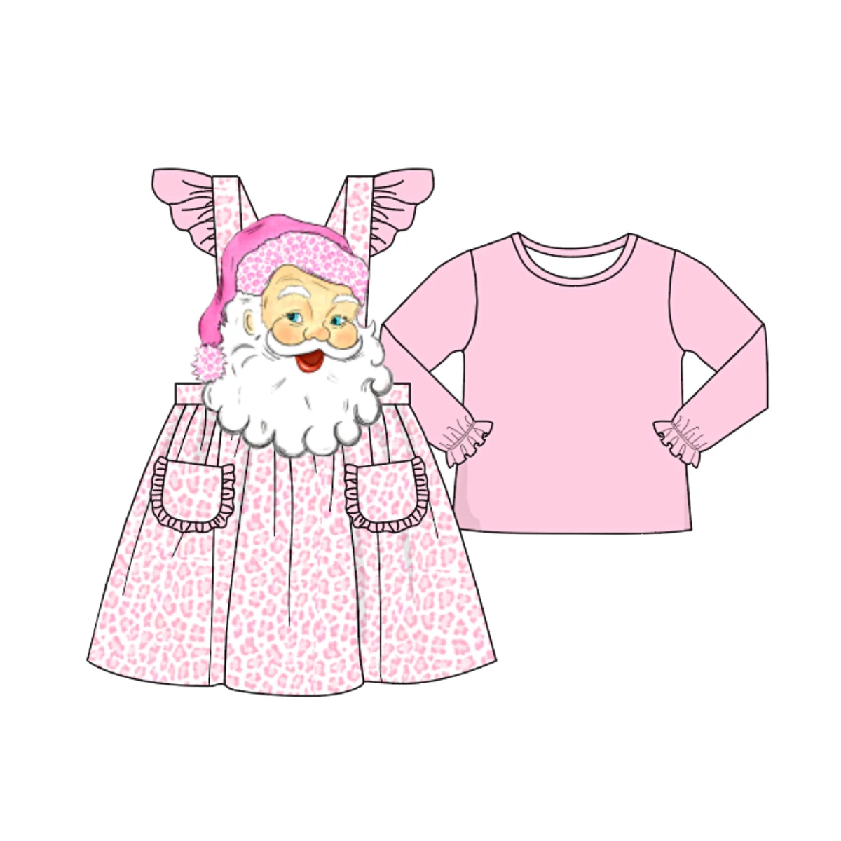 

Christams Childrens Ropa Clothings Pink Leapoard Santa Applique Baby Girl Long Dresses Kint Cotton Kids Suspender Two Pieces