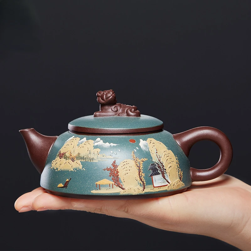 

Yixing Pure Handmade Half Moon Sleeping Tiger Purple Clay Pot Raw Ore Pile Painting Teapot Tea Set