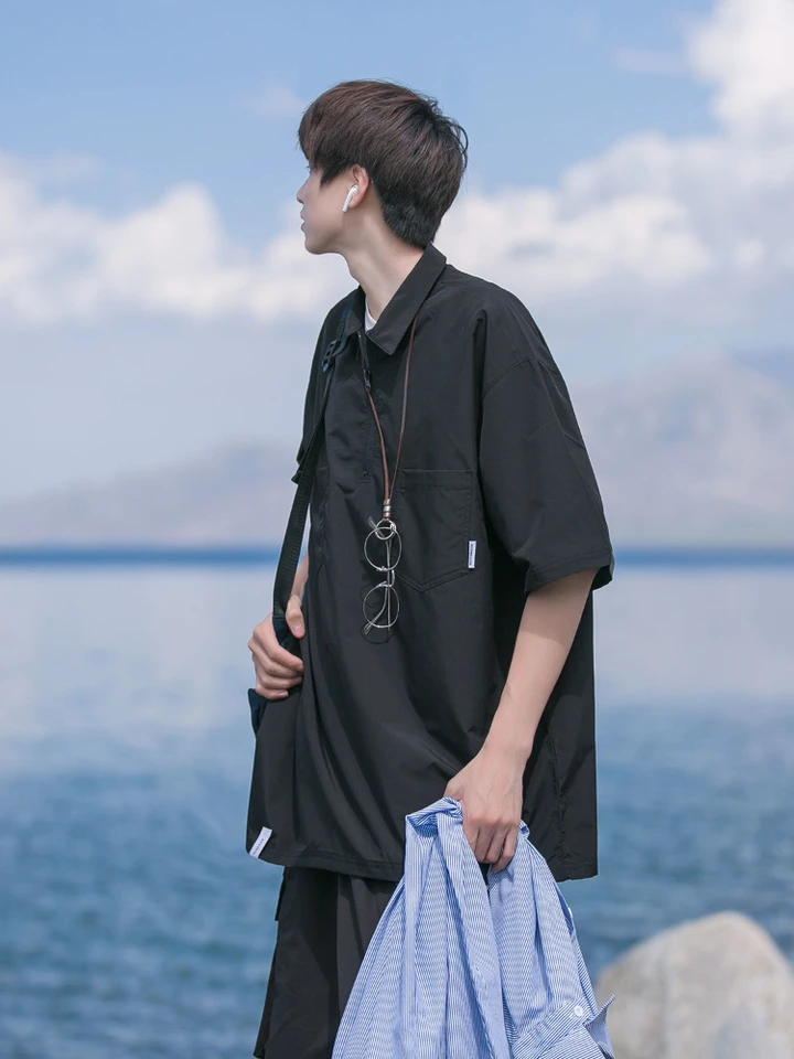 Gmiixder Japanese Half Zip Lapel Shirt Men's Summer Trend Vintage