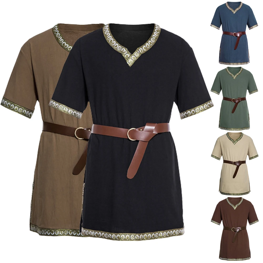 

Men Medieval Knight Warrior Costume T Shirt Tunic Clothing Norman Chevalier Pirate Tunic Top Shirts Short Sleeve Cosplay Costume