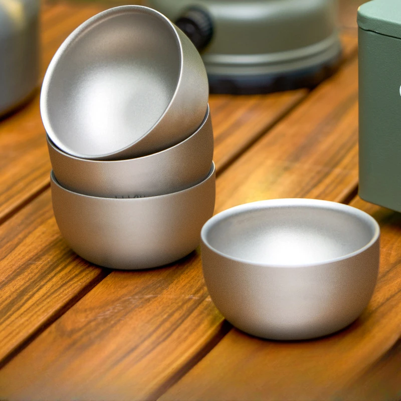 F5 2pcs 50ML Teapot Pure Titanium Double layer Small Tea Cup Coffee Outdoor Camping coffee and Tea Tableware Set Brewing Cup