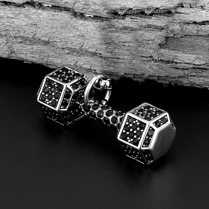 Stainless steel Dumbbell Pendant European American Trendy Women's Men Full Rhinestone Necklace Sports And Fitness Sweater Chain 5