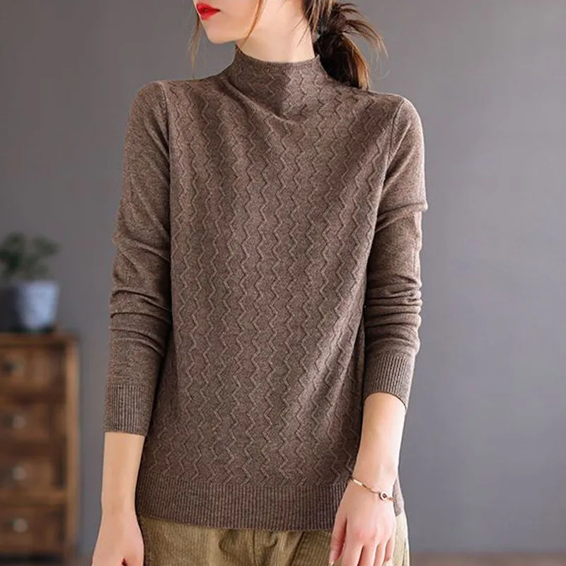 

New Fashion Loose Retro Art Wave Thickened Half High Neck Solid Color Versatile Temperament Reduced Age Knitted Women's Sweater