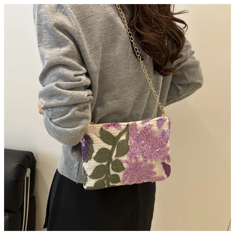 Fashion Sequin Leaf Crossbody Shoulder Bags For Women, Chain Strap Handbags Ladies Clutch Bag For Daily Used, Travel