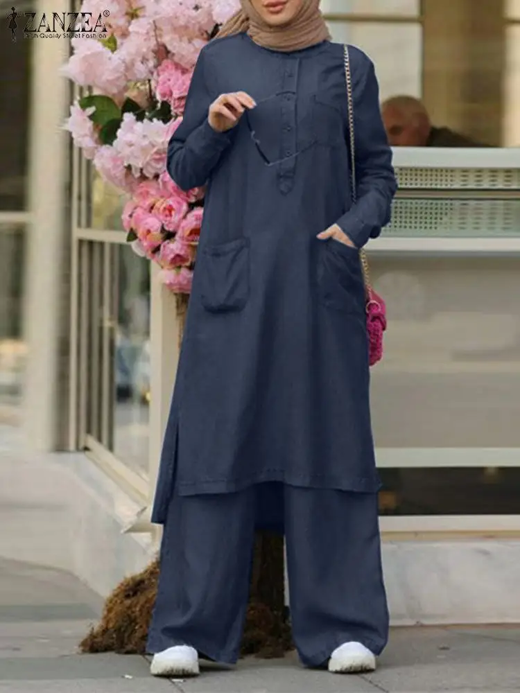 2023 ZANZEA Spring Women Solid Muslim Sets Long Sleeve Tops Wide Leg Pant 2PCS Casual Suit Casual Loose Party Outifits Oversized