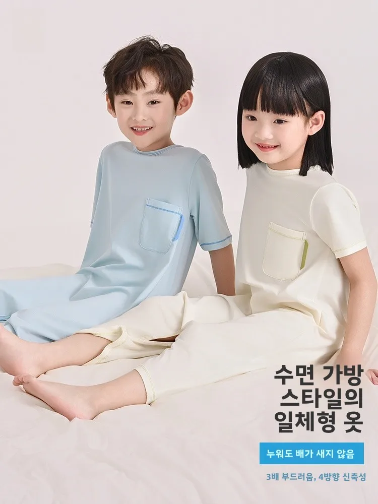경량 순수 코튼 어린이 롬퍼 여름 잠옷 반팔 홈웨어 남아 여아 수면복 3-13세용