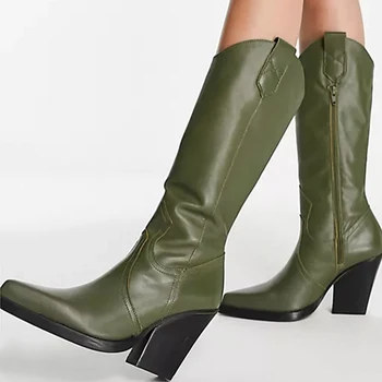Knee High Boots Women New 2023 Winter Autumn Western Cowboy Boots Female Fashion Wedges Heels Blue Green Shoes Ladies Large Size 1