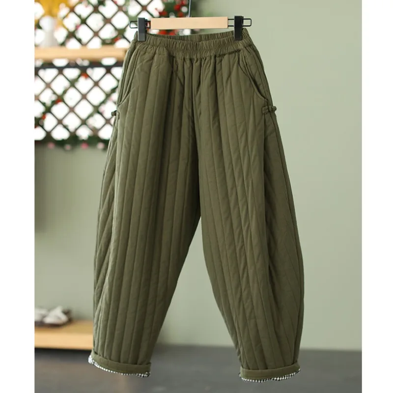 Thiened Cotton Autumn Winter Pants for Women Vintage Button Harlan Trousers plus Size Warm Long Pants High Waist Lantern Pants
